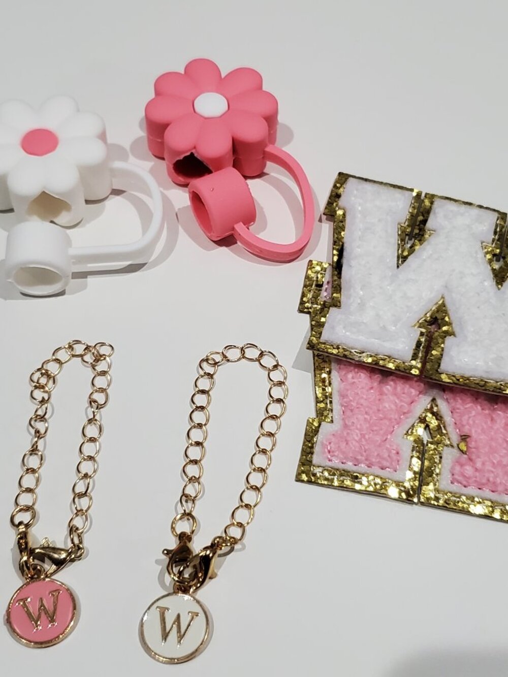 White & Pink Chenille Letter W, 2 Flower Toppers, 2 Letter W Gold Tone Bracelets